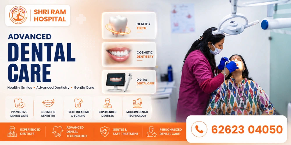 Dentist treating a patient at the dental care department of Shri Ram Hospital, Vikaspuri