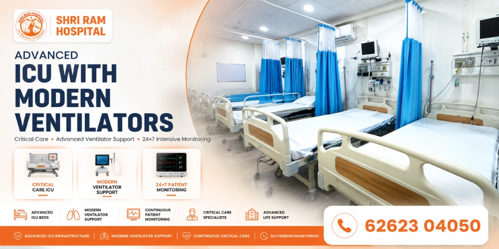 Intensive care unit with ventilators and patient monitors at Shri Ram Hospital, Vikaspuri