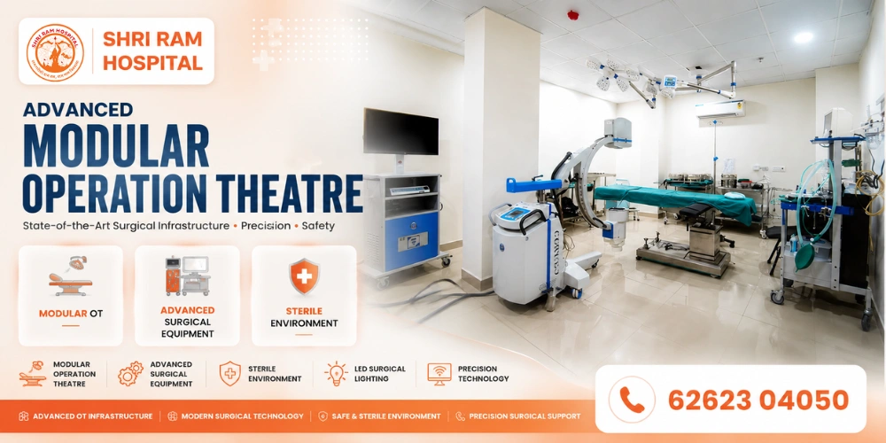 Modular operation theatre with surgical equipment at Shri Ram Hospital, Vikaspuri