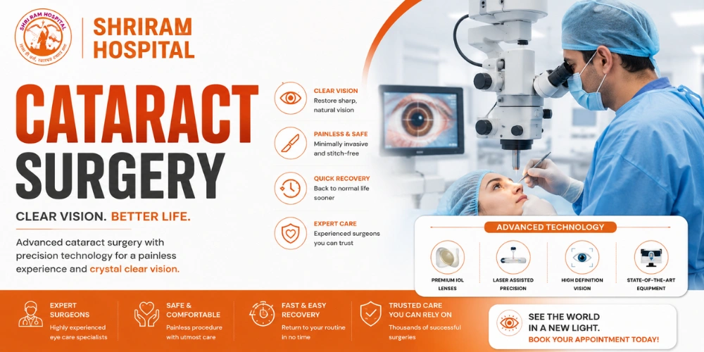 Cataract surgery with intraocular lens implant at Shri Ram Hospital, Vikaspuri